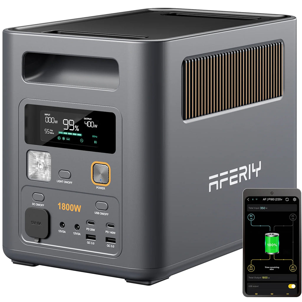 Зарядна станція AFERIY AF-P180 Pro 1800 Вт з підключеним смартфоном та панель керування з USB Type-A і Type-C
