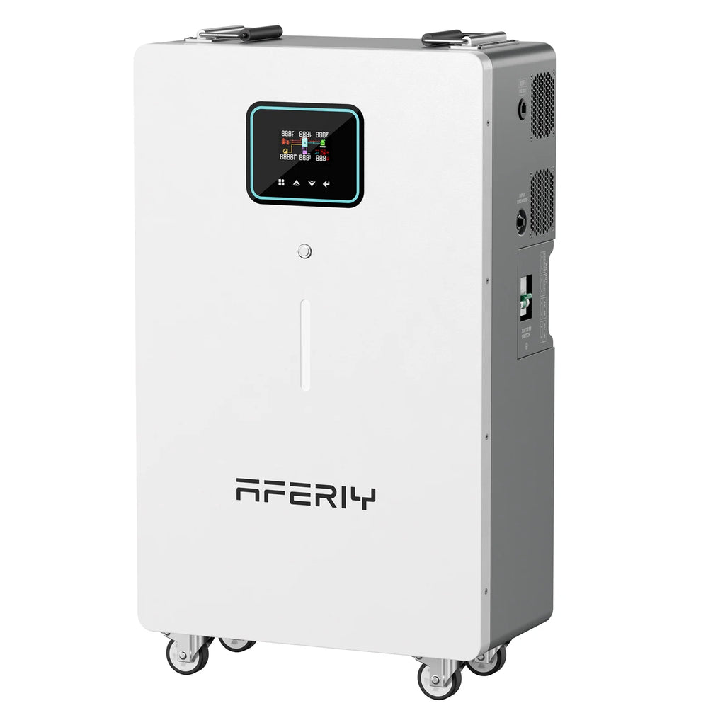 Система накопичення енергії AFERIY PH062 5,12 кВт·год — вигляд спереду з сенсорним дисплеєм на колесах