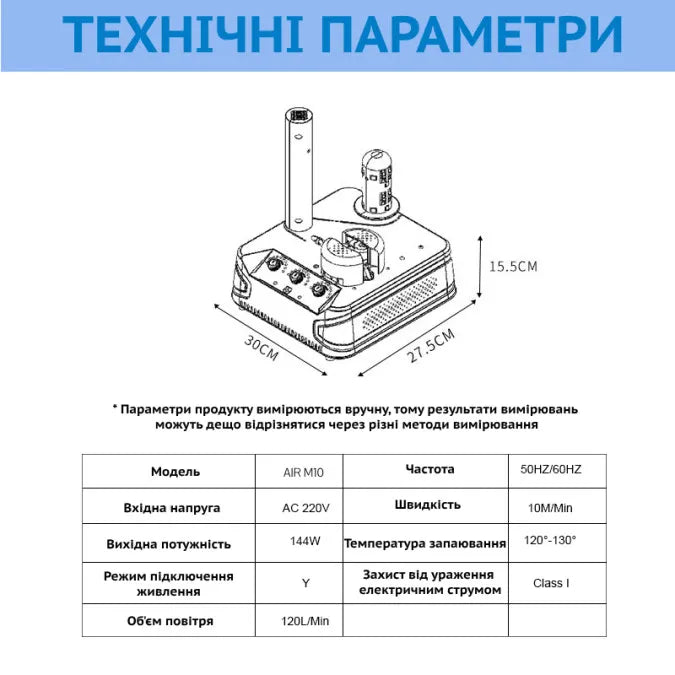 Технічні параметри AIR-CM T30 10M: 30×27.5×15.5 см, AC 220 В, 144 Вт, 120 л/хв, клас захисту I
