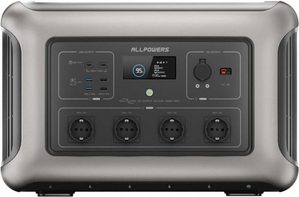 Портативна зарядна станція ALLPOWERS R3500 3168 Вт·год — вигляд спереду з 4 розетками AC 230 В та дисплеєм